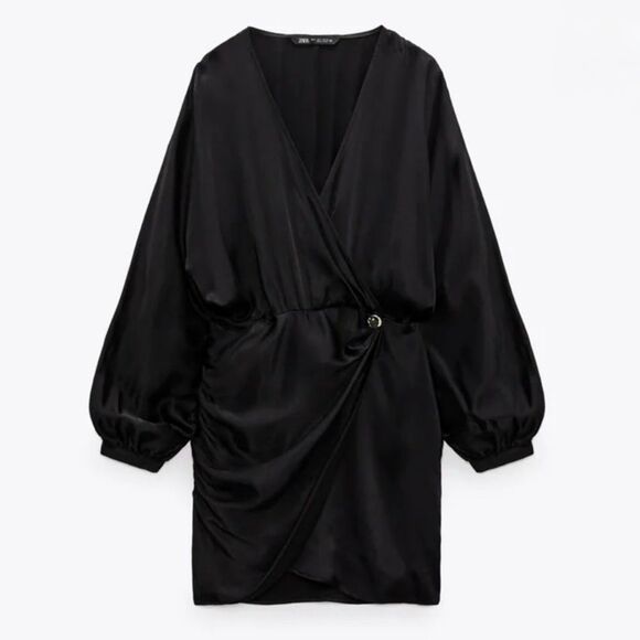 NWT Zara Long Sleeve Blouson Faux Wrap Dress in Black Size L - Picture 2 of 7